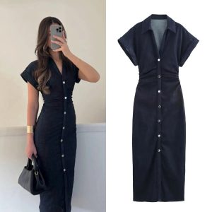 COLLARED DENIM BUTTON MIDI DRESS
