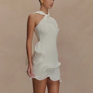 MESHY WAVY HALTER MINI DRESS